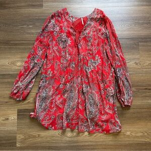 Free People Womens Small Rain or Shine Dress Poppy Red Paisley Lace Pockets Boho